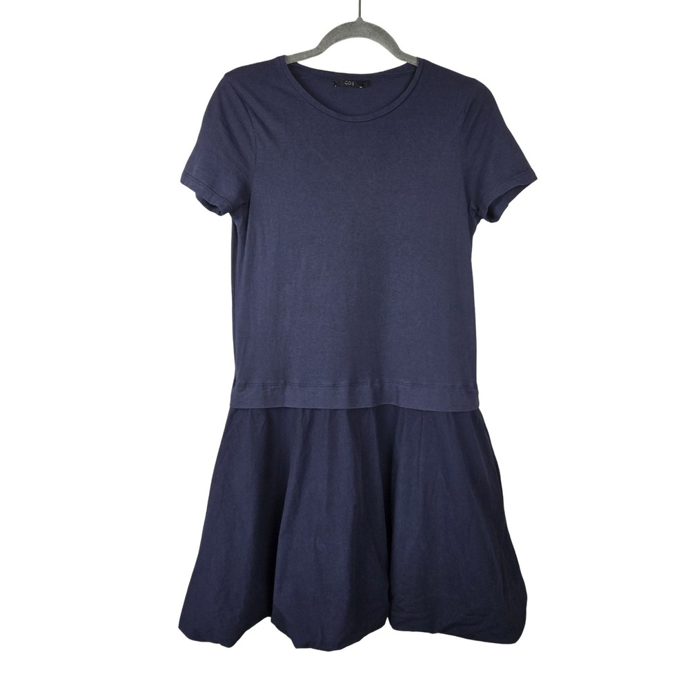 COS Mixed Media Bubble Hem Mini Dress‎ Women S Navy Blue 100% Cotton Preppy